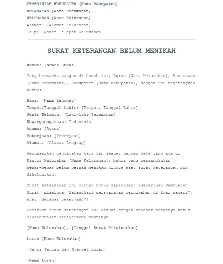 contoh surat keterangan belum menikah